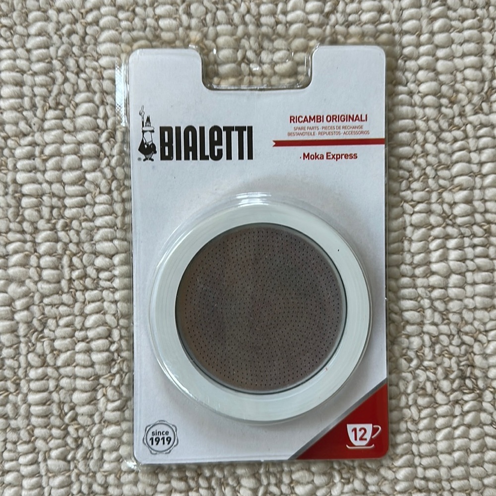 Bialetti 3 rubber rings gaskets and filter plate, Moka express, 12 cup